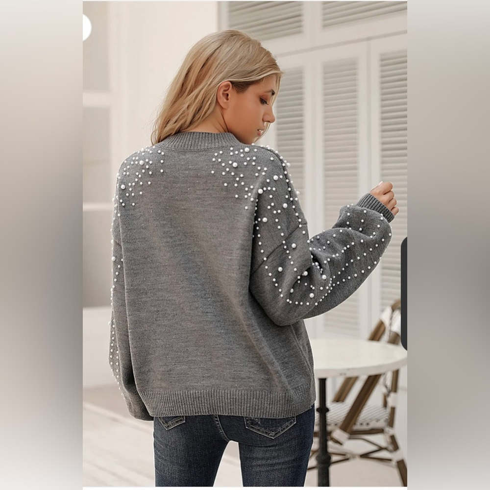 Blooming Jelly Women's Oversized Pullover Sweater with Pearls,